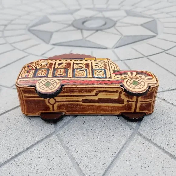 Colombia Folk Art Handcrafted Leather Bus Scalloped Coaster Holder Souvenir - Picture 6 of 11